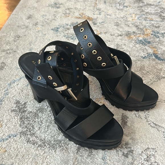 ALLSAINTS Women's Sienna Pointed Toe Black Leather High Heel Sandals - Picture 2 of 12
